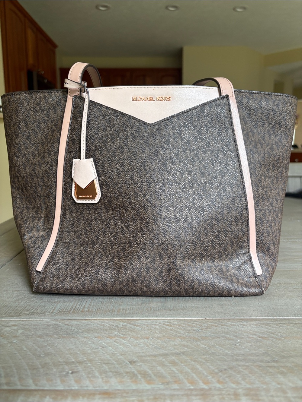 Michael Kors Brown Signature Tote with Pale Pink Trim